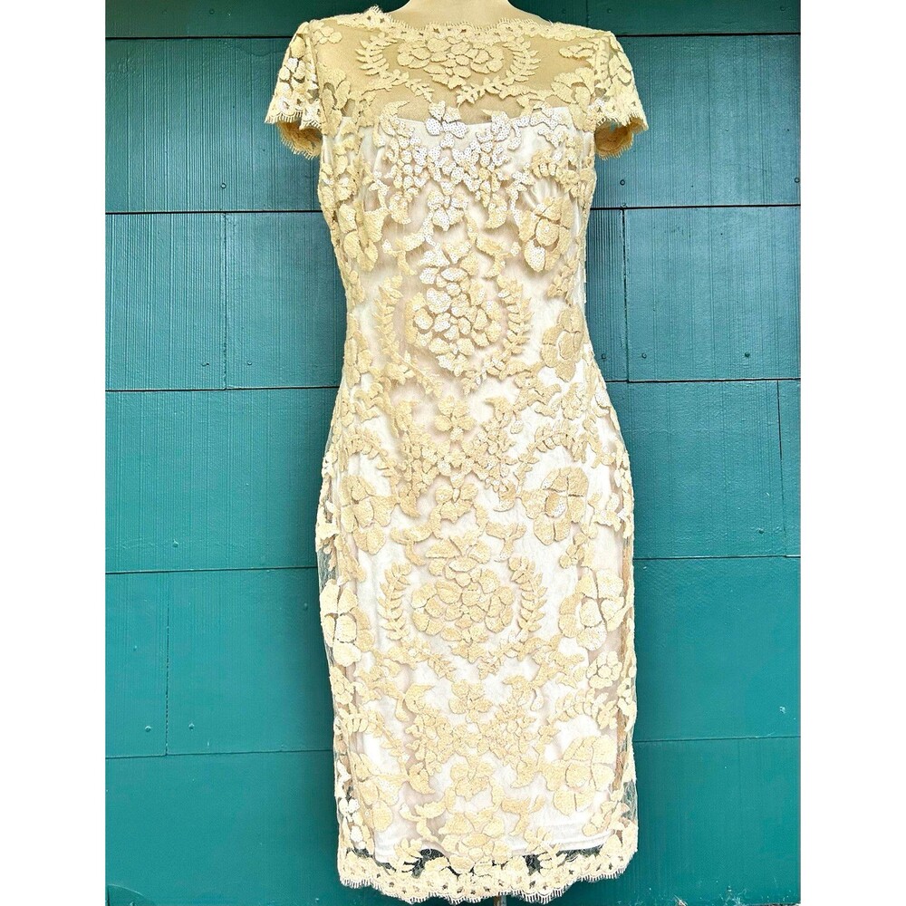 Tadashi Shoji  Ivory Jute Paillette Lace Sequin Embroidered Sheath Dress Sz 6
